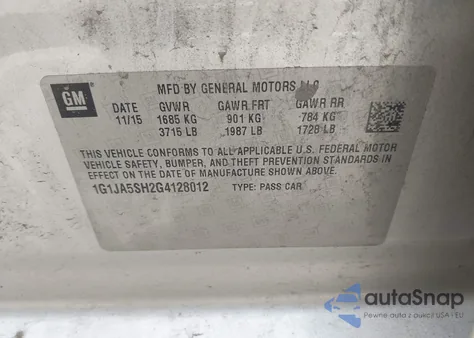 2016 Chevrolet Sonic Ls Auto из США, поврежденный, VIN 1G1JA5SH2G4128012